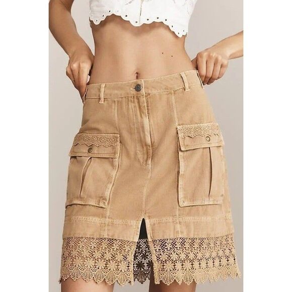 By Anthropologie Crochet Mix Utility Mini Skirt Cotton Pull-on Lace S-4 282600 - Picture 1 of 8